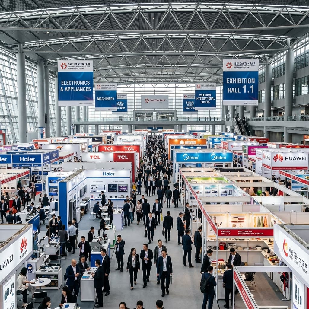 Canton Fair Guangzhou exhibition hall with international trade booths and buyers