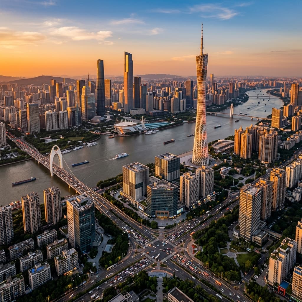 Guangzhou city skyline at golden hour showing Pearl River and Canton Tower - China business travel destination