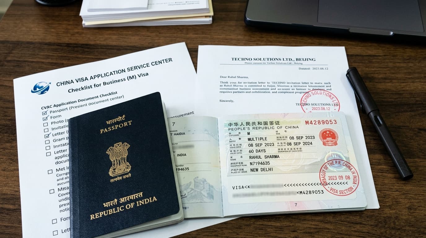Official Chinese Business M-Visa sticker stamped on Indian passport with application checklist