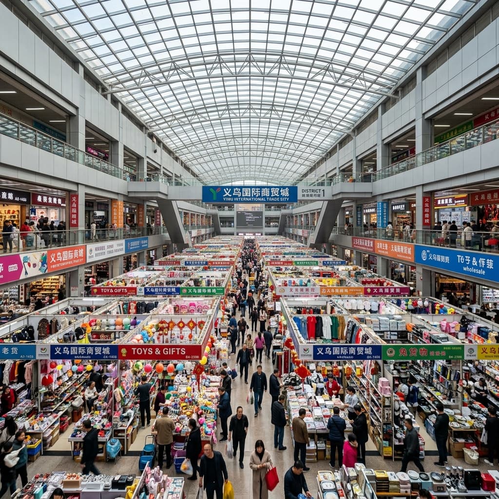 Yiwu International Trade City interior showing massive multi-level wholesale market with thousands of commodity stalls